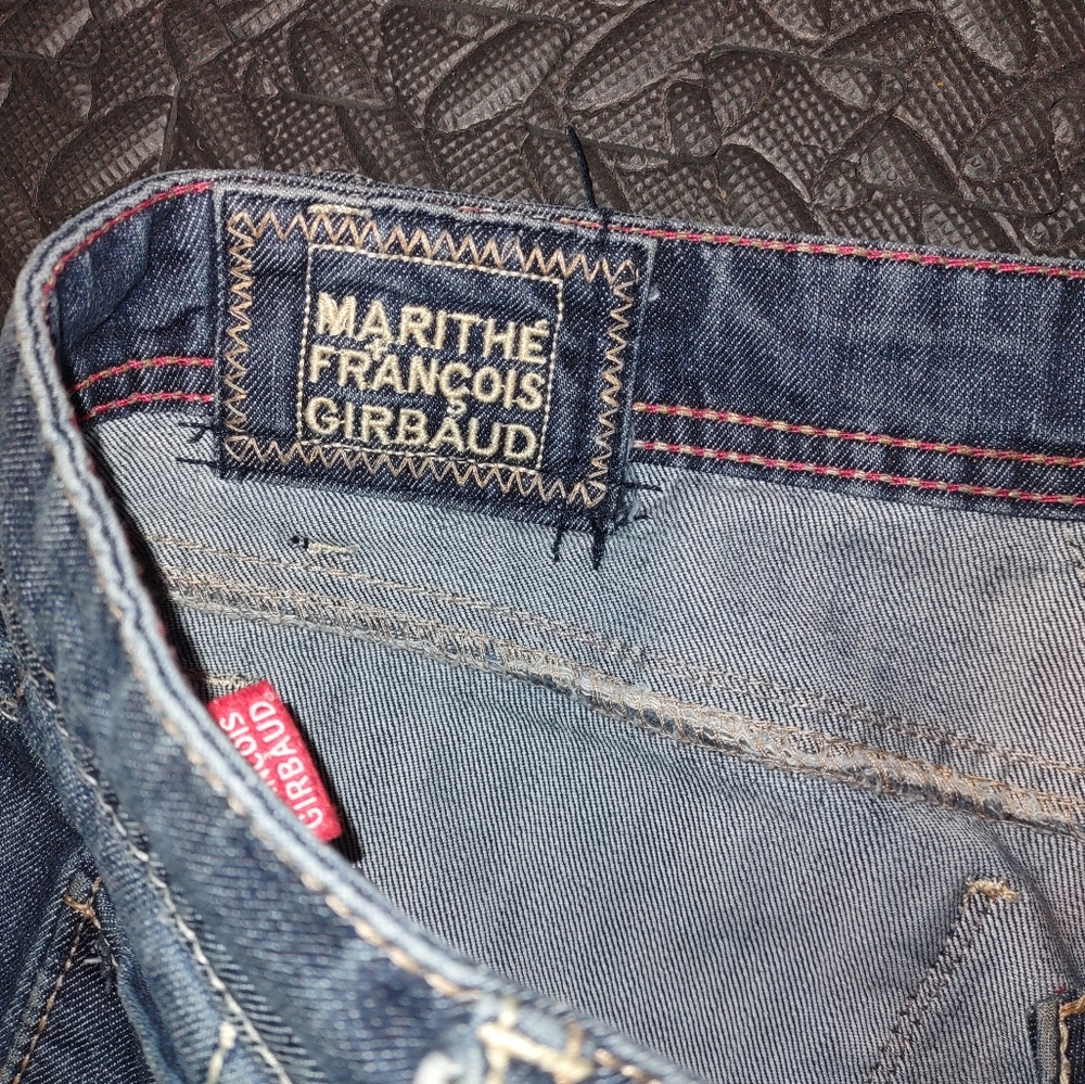 Rare slim straight GIRBAUD jeans, distressed custom goatskin knee covers. 31/32 - Picture 6 of 8